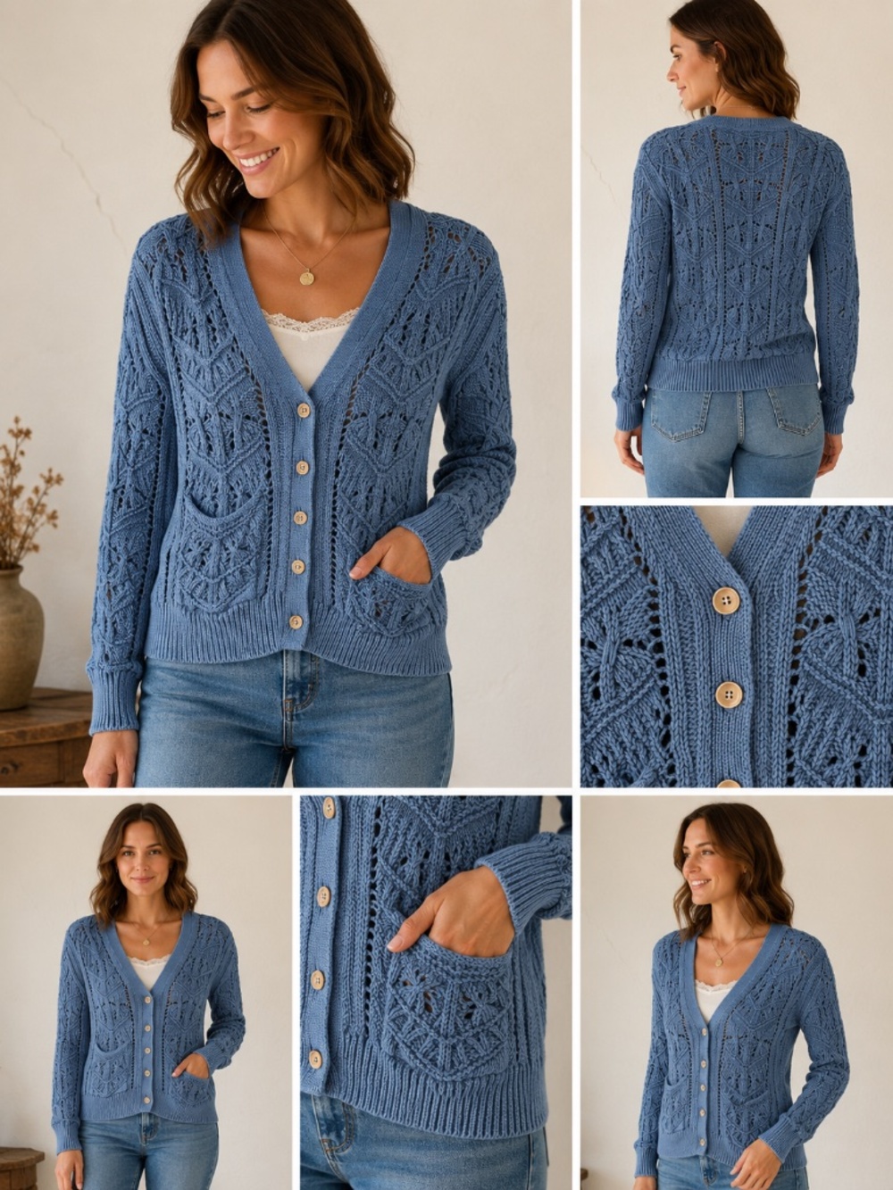 Sundance Pointelle Cotton Cardigan Dusty Blue Open Knit Petite Small PS